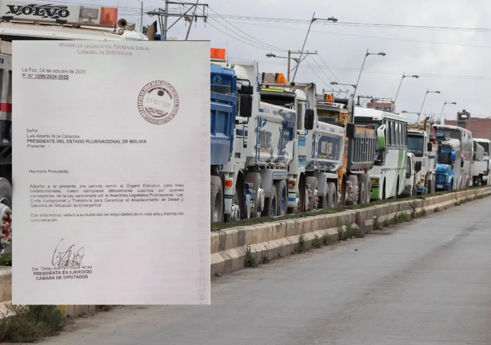 Una fila por combustible y la misiva que remite el proyecto. Foto: APG y RRSS de Gustavo Torrico 