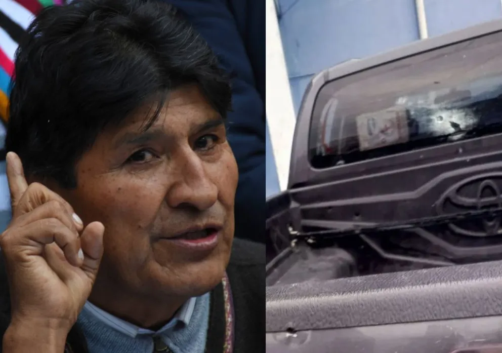 Morales y el vehículo que supuestamente sufrió impactos de bala. Fotos: APG y RKC 
