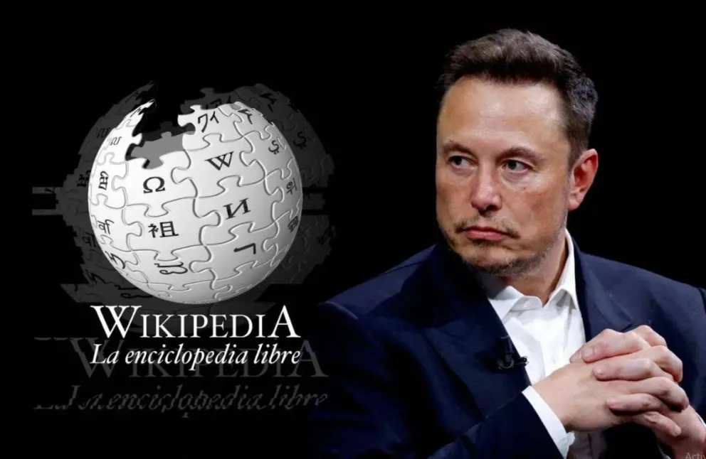 El magnate Elon Musk y el logo de Wikipedia. Foto: Christian Pérez