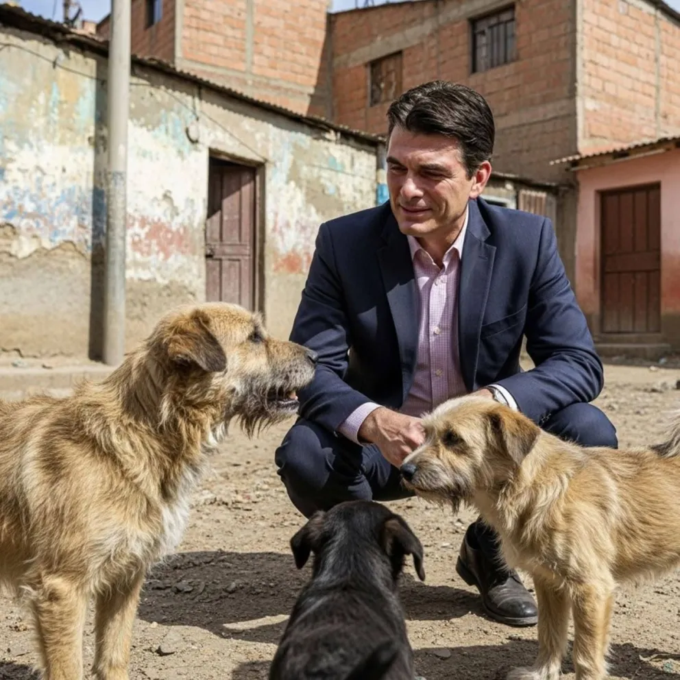 El presidente Rodrigo Paz junto a perritos en situación de calle. Foto: RRSS