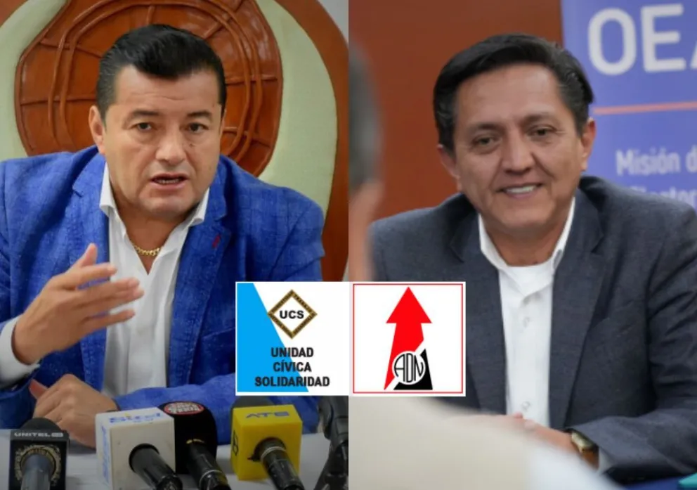 Jhonny Fernádnez, líder de UCS, y Pavel Aracena, que candidateó por ADN en las elecciones de agosto: Fotos: RRSS de la alcaldía de Santa Cruz y OEA 