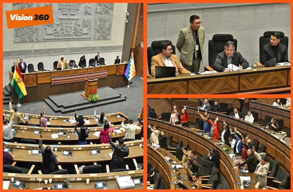 David Choquehuanca y los legisladores, en la última sesión legislativa de este viernes. Fotos: APG. Montaje: Visión 360 