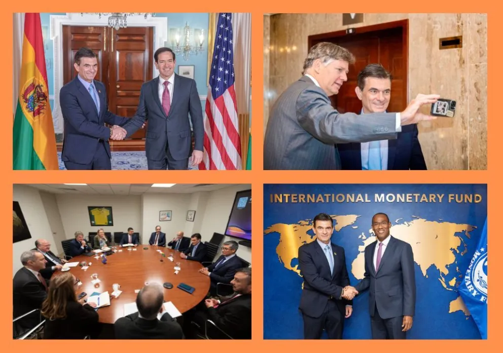 Paz junto al Secretario de Estado de EEUU, con el Subsecretario de Estado EEUU, y con los ejecutivos del BID y del FMI. Fotos: EFE y redes sociales de los ejecutivos del BID y del FMI. Montaje: Visión 360 