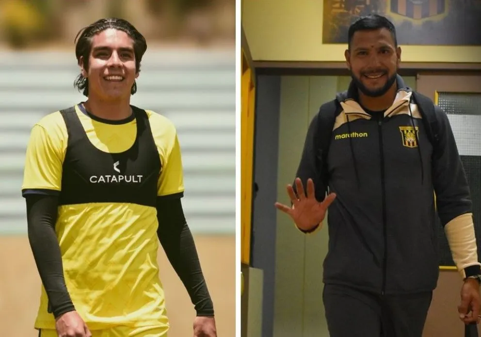 Sebastián Galindo (izq.), jugador de ABB. A la derecha, Andrés Chávez llega a la concetración del Tigre.