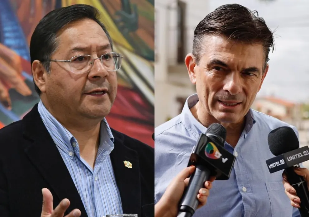 El presidente saliente Luis Arce y Rodrigo Paz, mandatario electo. Fotos: APG y RRSS de Paz 