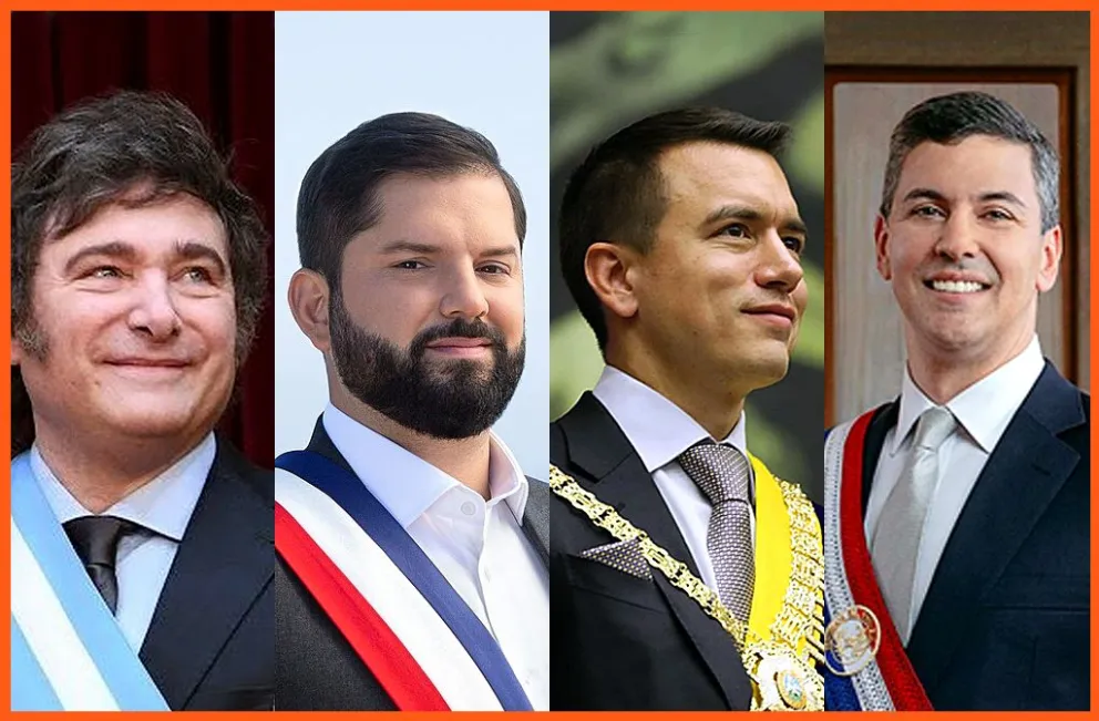 Los mandatarios que llegarán: Javier Milei, Gabriel Boric, Daniel Noboa y Santiago Peña. COMPOSICIÓN: Saúl Gonzales / Visión 360