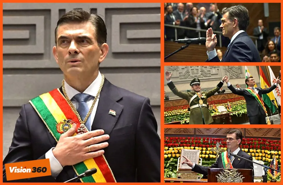 Rodrigo Paz, este sábado durante su mensaje al país. Fotos: APG. Montaje: Visión 360