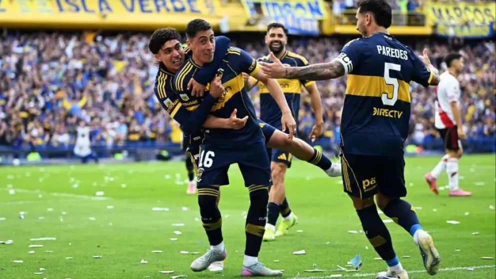 Zeballos y Merentiel, autores de los goles para Boca ante River en el Superclásico. Foto: TyC