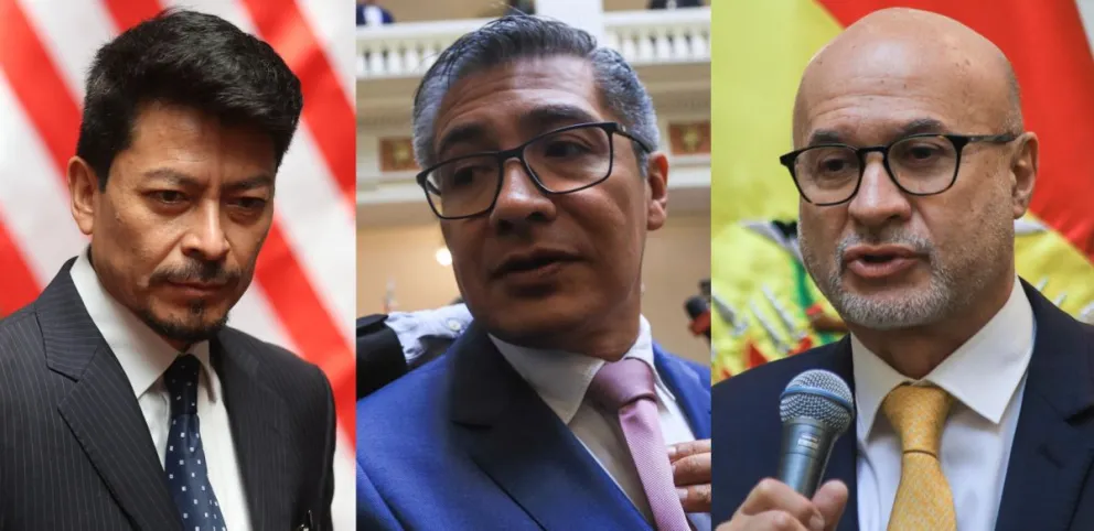 El canciller Fernando Aramayo, el ministro de Economía José Gabriel Espinoza, y el ministro de Presidencia José Luis Lupo. Fotos: EFE