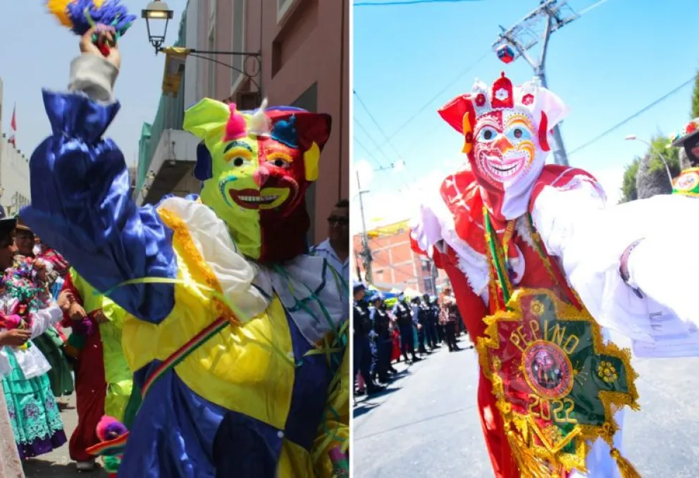 En la izquierda, la figura de pepino en el carnaval de la Concordia, en Perú; a la derecha, el pepino durante su participación en fiestas paceñas. Foto: Composición Visión 360   