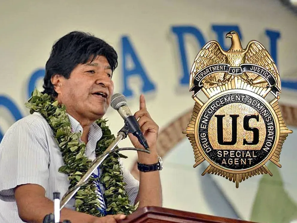 El expresidente y líder cocalero, Evo Morales, durante uno de sus discursos en el Trópico de Cochabamba; y el logo de la DEA. Fotos: ABI y RRSS 