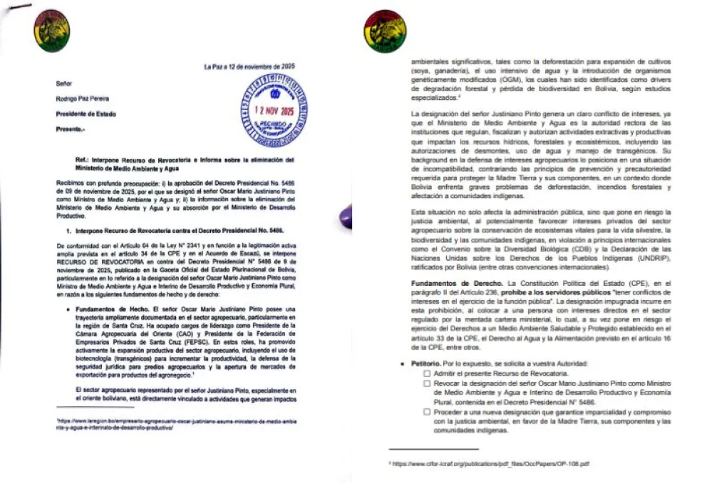 Parte del recurso de revocatoria entregado a la Presidencia del Estado.  Foto: Composición Visión 360.