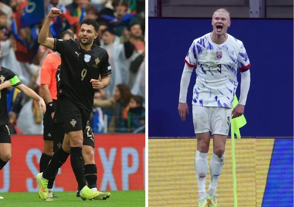 El portugués Gonçalo Ramos y el noruego Erling Haaland festejan los goles que marcaron para sus selecciones este domingo. Fotos: EFE