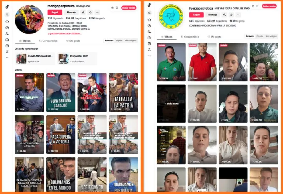 Los perfiles de TikTok de Rodrigo Paz y Edmand Lara. / Foto: Composición Visión 360. 