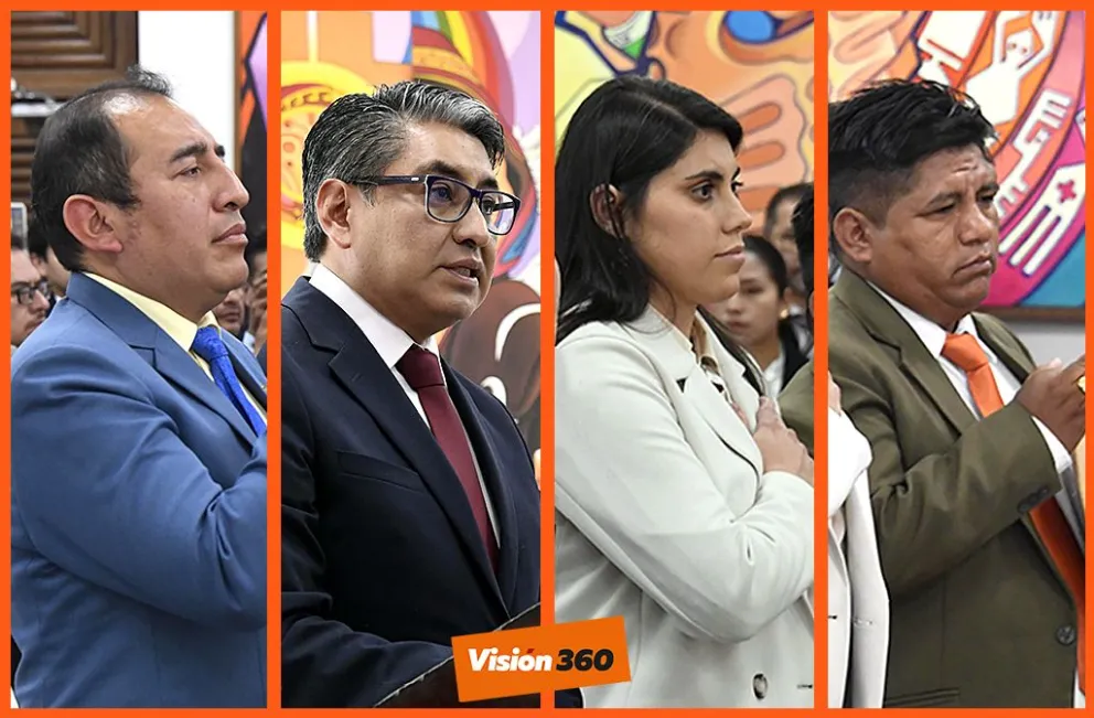 Las nuevas autoridades del Ministerio de la Presidencia, este lunes. Fotos: ABI. Montaje: Visión 360 
