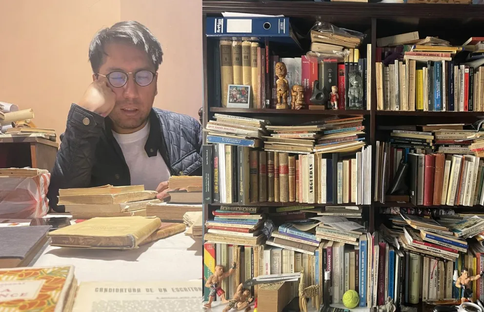 Óscar Córdova, entre sus papeles. A la derecha, una imagen de su estante. Fotos: Ignacio Vera de Rada
