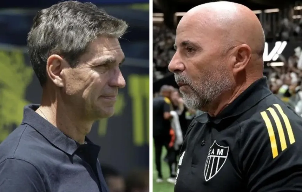 Los técnicos argentinos Mauricio Pellegrino (izq.) y Jorge Sampaoli. Foto: EFE