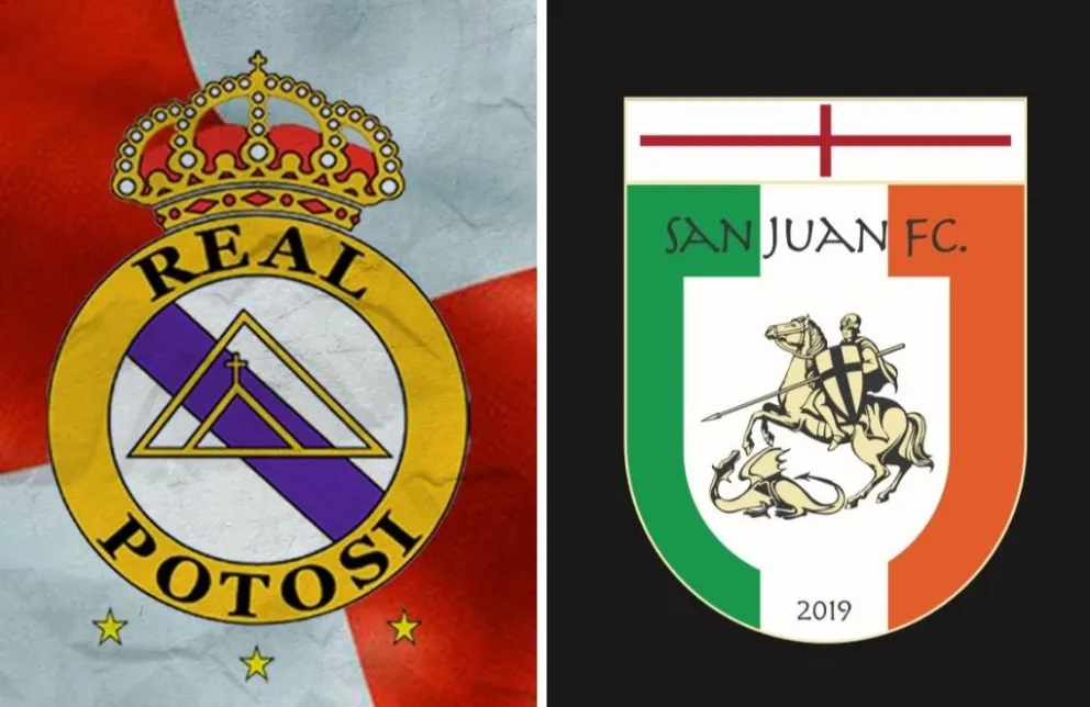 Los escudos de Real Potosí (izq.) y San Juan FC.