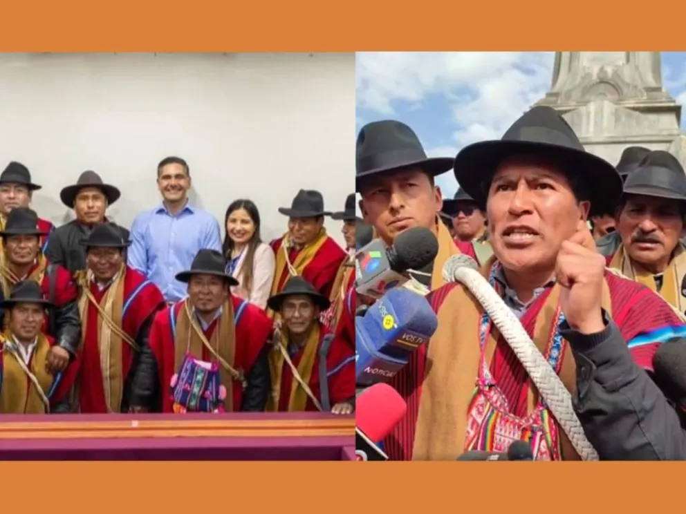  El ministro de Desarrollo Productivo, Rural y Agua, tras una reunión con los Ponchos Rojos de la provincia Omasuyos y David Mamani, dirigente de la Federación Departamental Única de Trabajadores Campesinos de La Paz “Tupac Katari” Foto: Oxígeno, El Deber