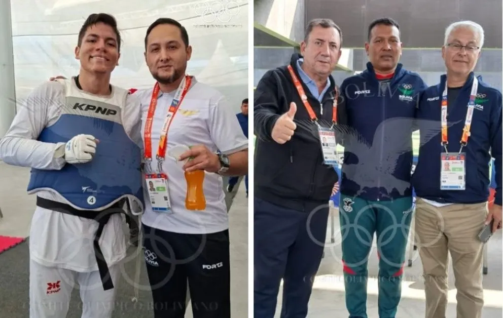 El taekwondista Juan Pablo Montalvo a la izquierda y Rudolf Knijnenburg, al centro en la foto de la derecha, después de ganar sus medallas. Crédito: COB