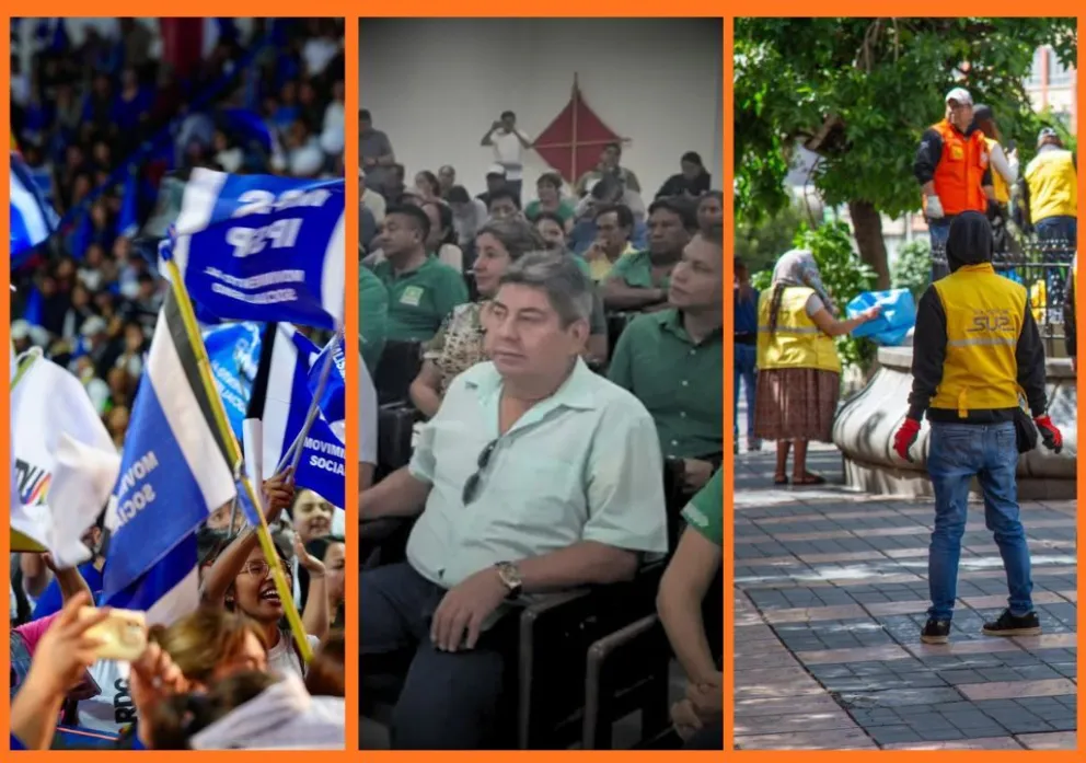 Banderas de MAS en una concentración, la reunión de los Demócratas en Santa Cruz y los "chalecos amarillos" en el centro de La Paz. Fotos: Unitel y RRSS de Grover García y de Luis Revilla 