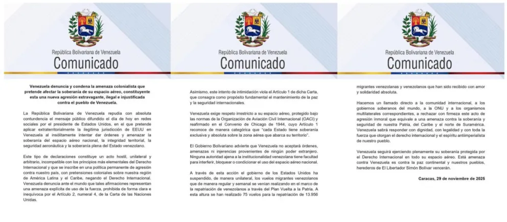 Imagen tomada de la Cancillería de Venezuela de un comunicado emitido este sábado, desde Caracas (Venezuela). Foto: EFE