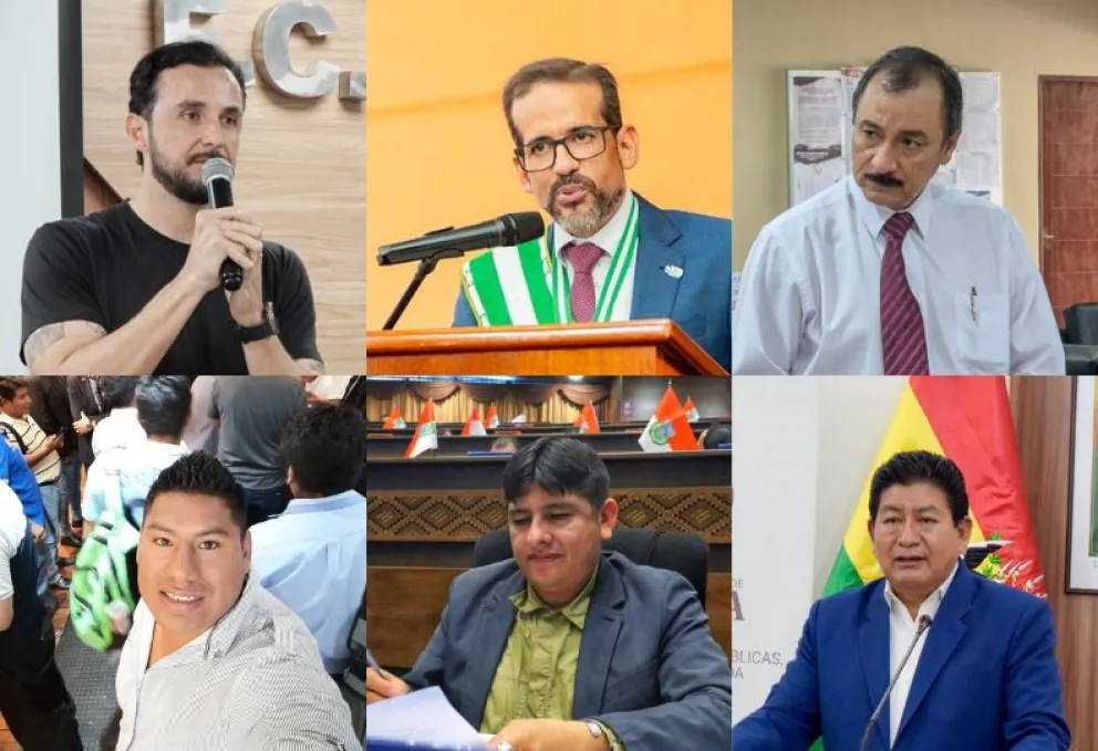 Los candidatos Juan Pablo Velasco, Luis Fernando Camacho, Vicente Cuellar, Reynaldo Ezequiel, Rolando Cuellar y Edgar Montaño. / Foto: composición Visión 360.