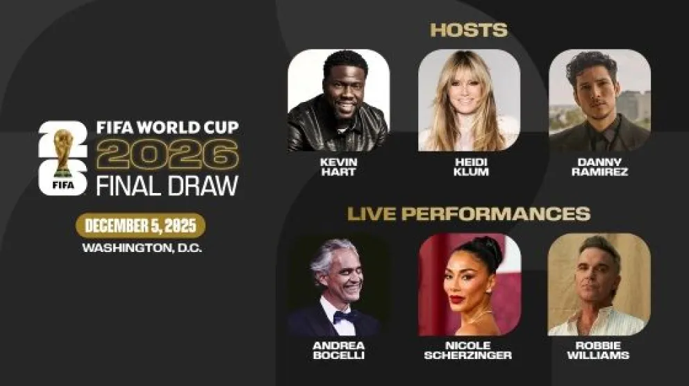 Las estrellas que llevarán adelante el sorteo de la Copa del Mundo. Arte: FIFA.