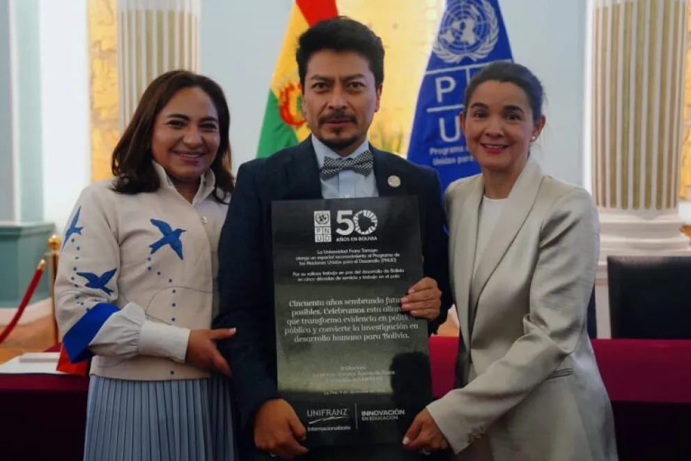 El canciller, Fernando Aramayo, en la celebración por los 50 años de presencia del PNUD en Bolivia. Foto: Cancillería
