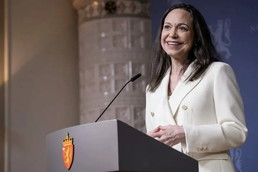 La Nobel de la Paz, María Corina Machado, durante su visita al Parlamento noruego. Foto: EFE