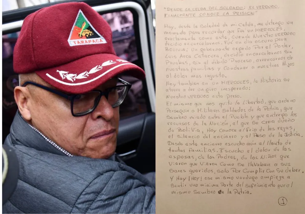 Juan José Zúñiga durante su última declaración en La Paz, el 3 de diciembre, y su carta. Foto: APG