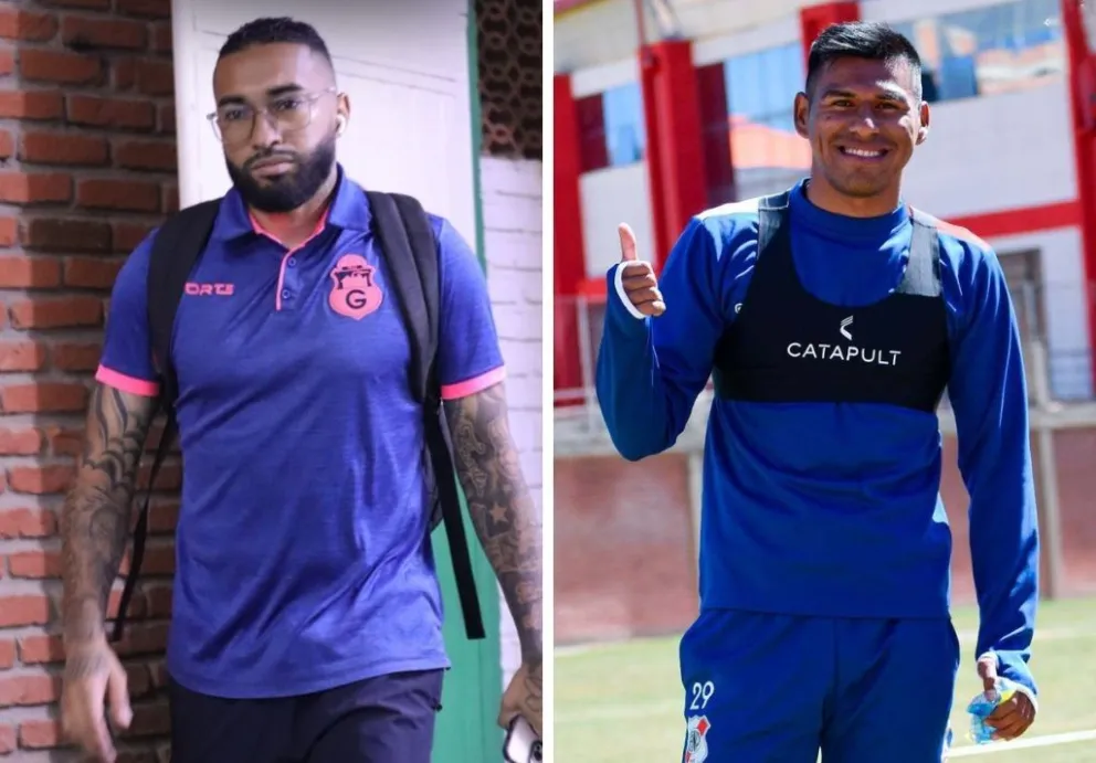 Rafinha (izq.), jugador de Guabirá, y Willan Álvarez, atacante de Nacional Potosí.