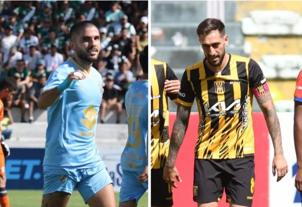 Melgar (izq.), de Bolívar, y Ursino, de The Strongest, celebran sus goles. Foto: Agencia Marka Registrada.