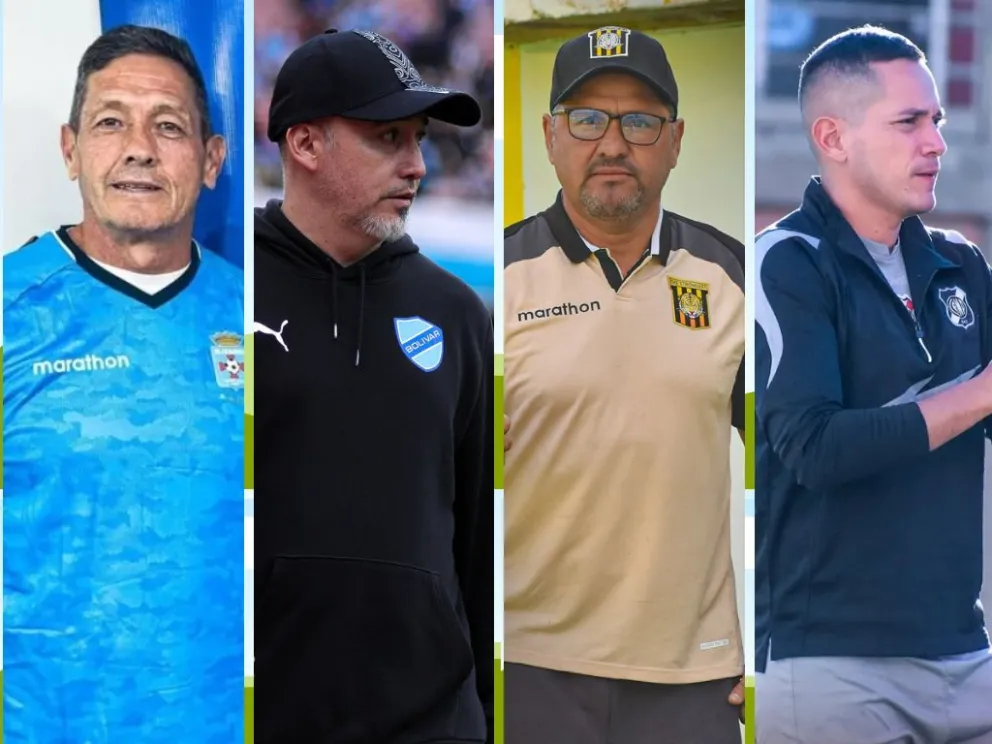 Los técnicos de los cuatro semifinalistas: Mauricio Soria (Blooming), Flavio Robatto (Bolívar), Juan Carlos Paz García (The Strongest) y Leonardo Égüez (Nacional Potosí).