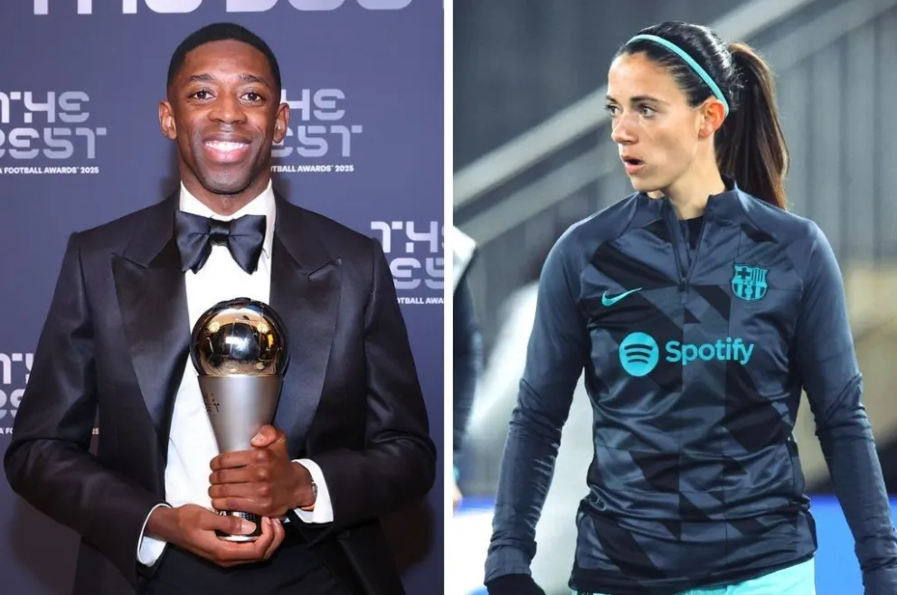 El francés Ousmane Dembelé (izq.) con el premio de Best en sus manos y la española Aitana Bonmatí. 