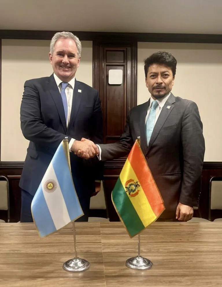 El canciller de Argentina, Pablo Quirno, junto a su par de Bolivia, Fernando Aramayo, durante la LXVII Reunión Ordinaria del Consejo del Mercado Común del Sur (Mercosur) este viernes, en Foz de Iguazú (Brasil). Foto: X Pablo Quirno