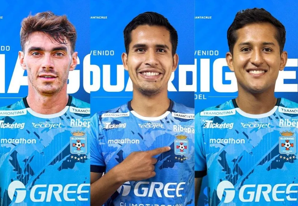 Giménez (izq.), Álvarez y Villarroel son nuevos jugadores del cuadro cruceño. Fotos: Club Blooming.