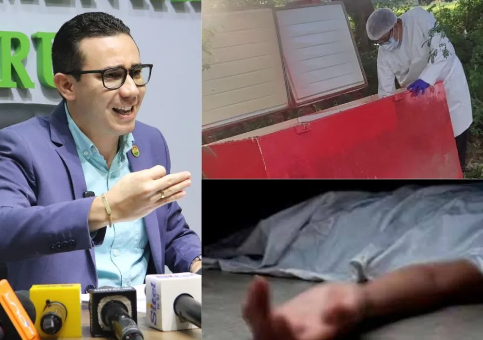 El fiscal departamental de Santa Cruz, Alberto Zeballos, y el refrigerador. Fotos: FGE