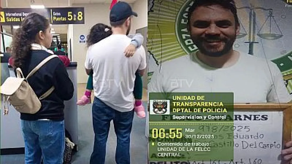 Del Castillo en el aeropuerto de Viru Viru y en el registro de su aprehensión. Foto: BTV