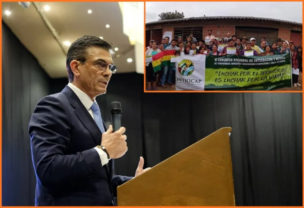 El presidente Rodrigo Paz; algunos representantes de los pueblos indígenas de la Contiocap. Foto: Facebook Rodrigo Paz, Plurales. Composición: Visión 360. 