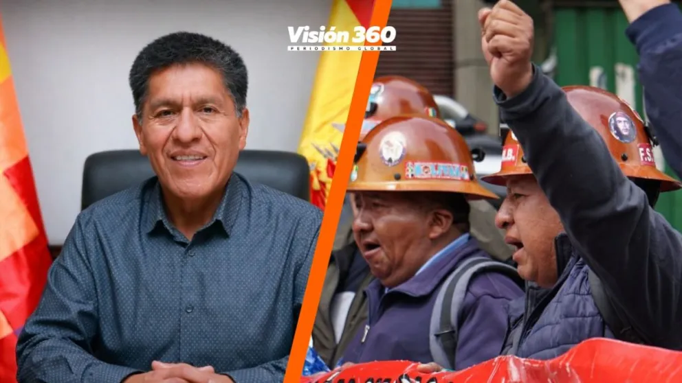 El ministro de Trabajo Édgar Morales y los movilizados. Fotos: MTEPS y APG. Montaje: Visión 360 