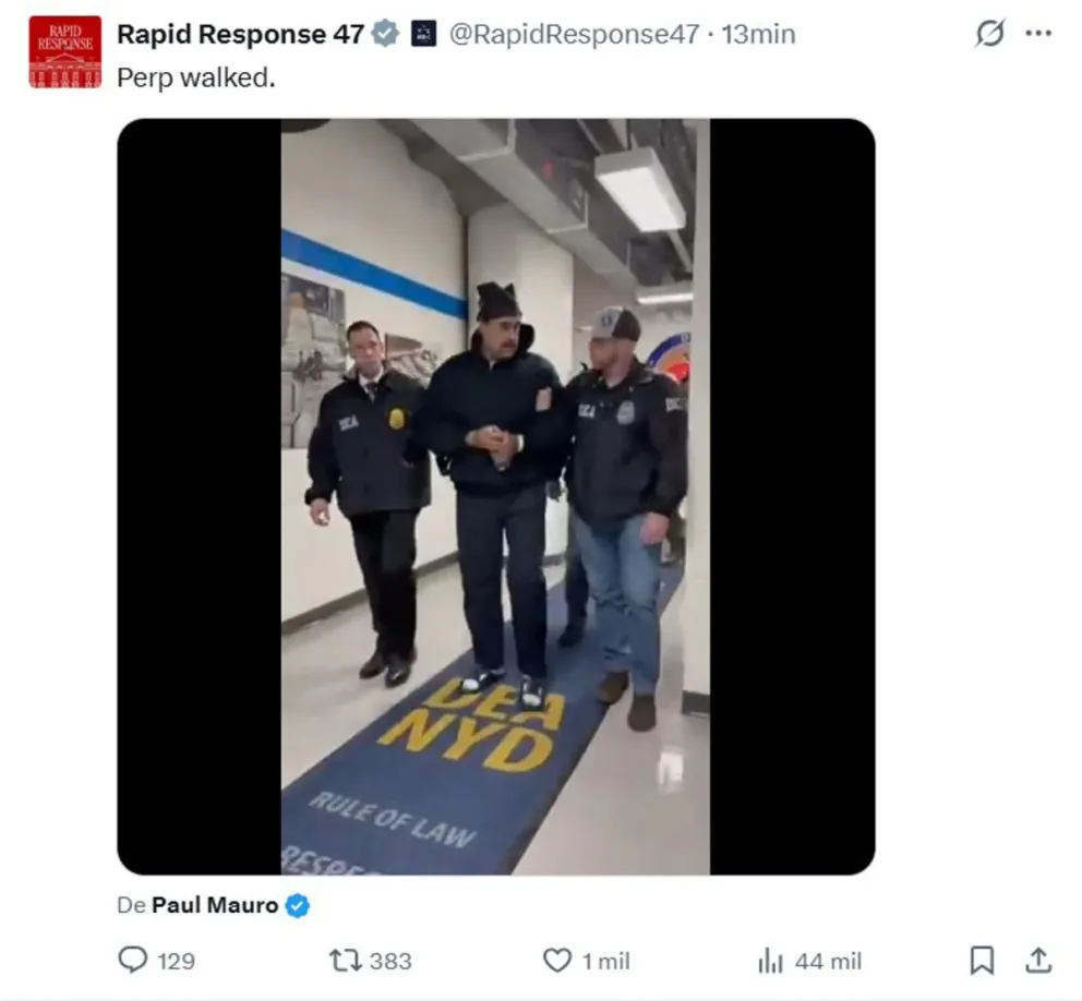 Captura de video del presidente de Venezuela, Nicolás Maduro (c), a su llegada a la sede de la DEA este sábado, en Nueva York (EE.UU.). Foto: EFE/ Rapidresponse47