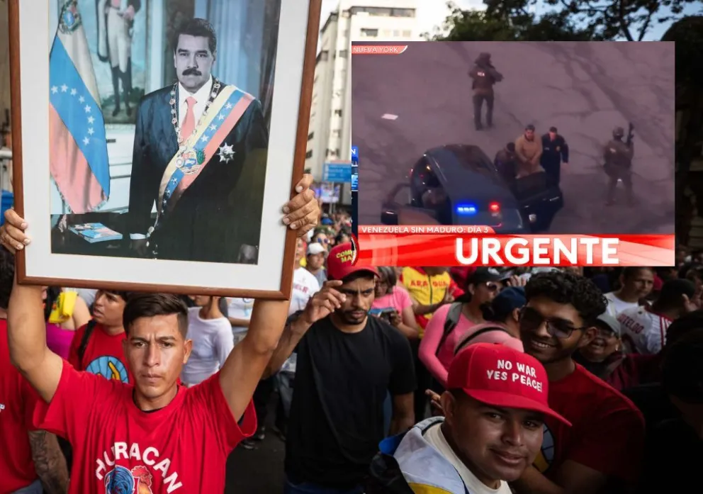 Una imagen de Nicolás Maduro en una protesta en Caracas y el político en EEUU este lunes. Fotos: EFE y captura de video 