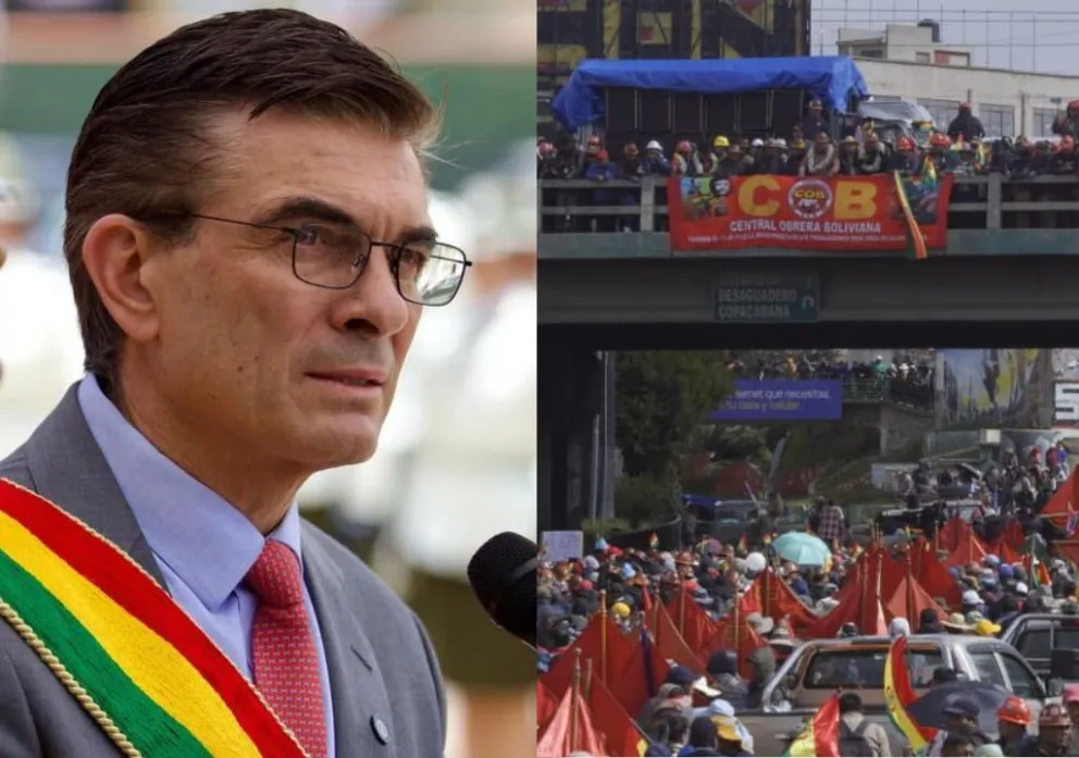 El presidente Rodrigo Paz y la movilización que lidera la COB. Fotos: RRSS del mandatario y APG 