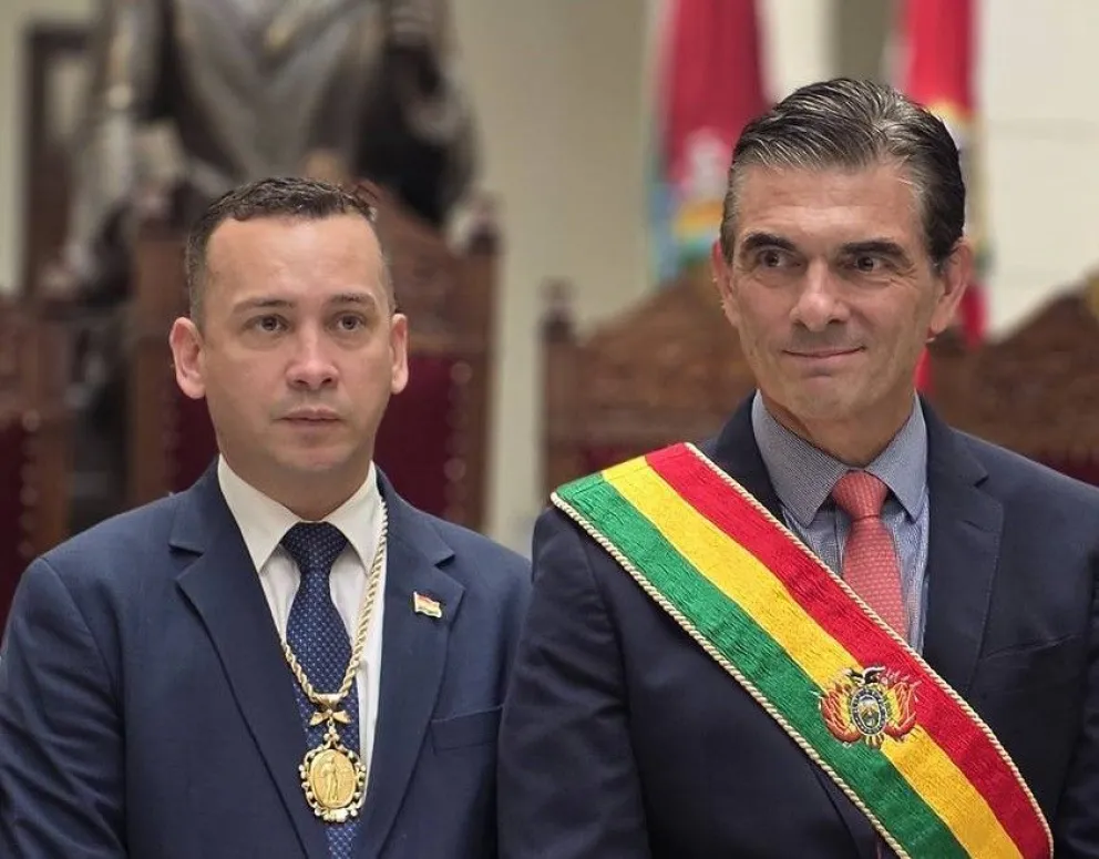 Romer Saucedo y el presidente Rodrigo Paz, este lunes, en la inauguración del Año Judicial. Foto: RRSS del mandatario 