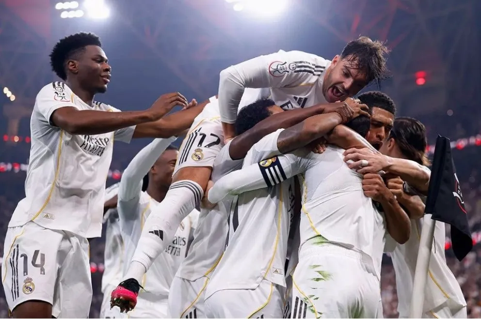 Jugadores del Real Madrid festejan el primer gol convertido por Fede Valverde. Foto: club Real Madrid