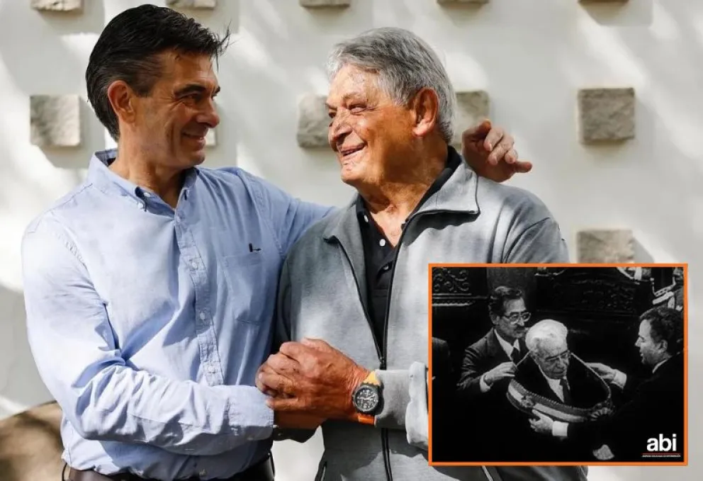 El presidente Rodrigo Paz, junto a su padre Jaime Paz. Abajo, Víctor Paz. Foto: Facebook Rodrigo Paz y ABI. 