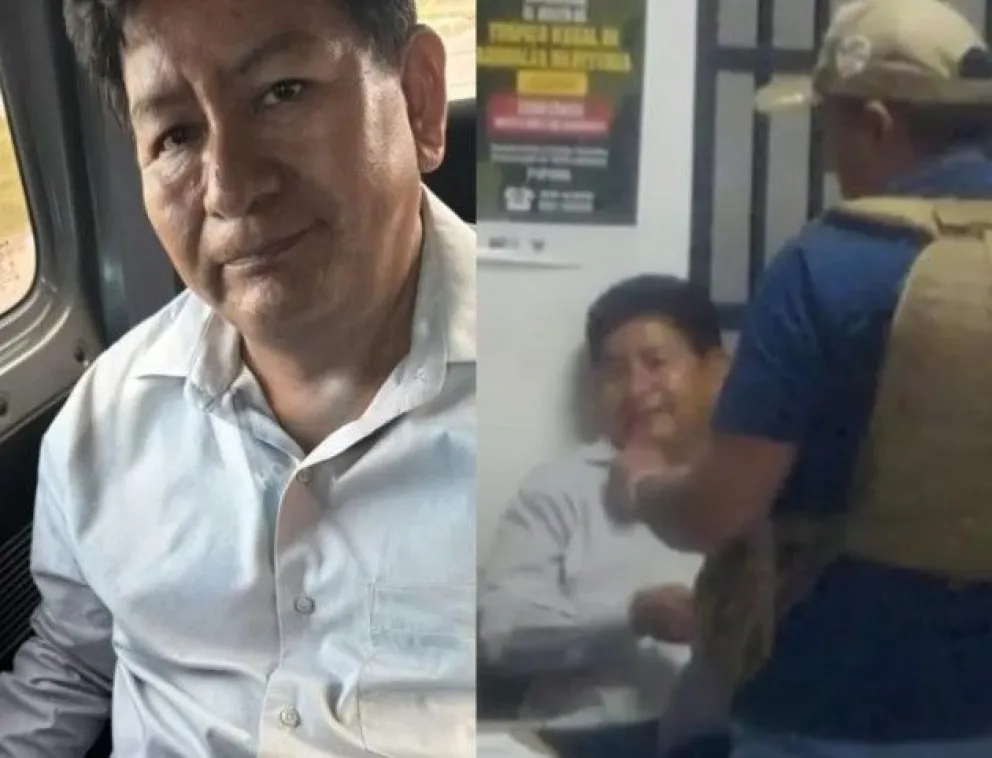 El exministro Edgar Montaño en la patrulla policial y en dependencias de la FELCC. Fotos: CTV - Unitel - Composición