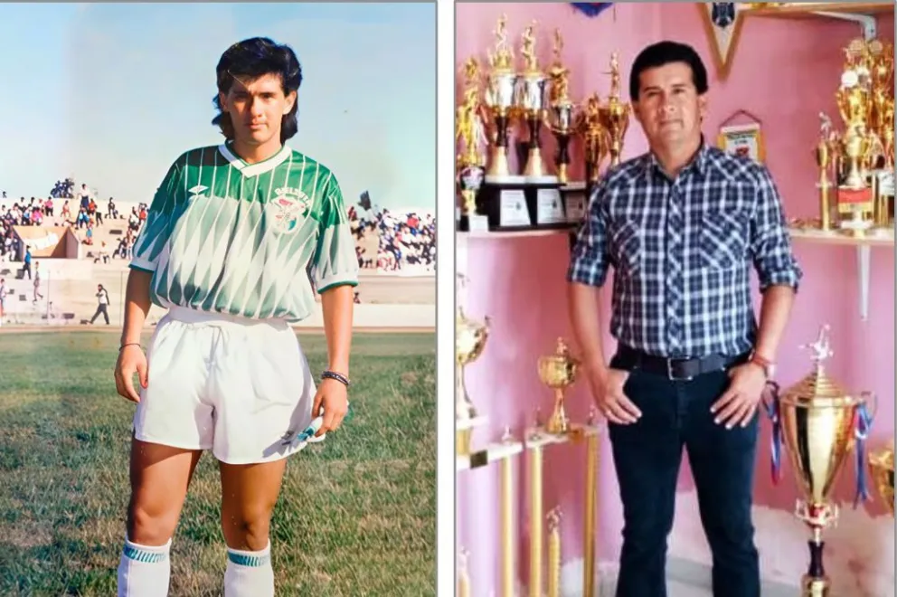 Ríosen el aprtido de 1993 en el IV Centenario y en la actualidad junto a los trofeos que ganó con su escuela. Fotos. Marco Navarro y JCRM