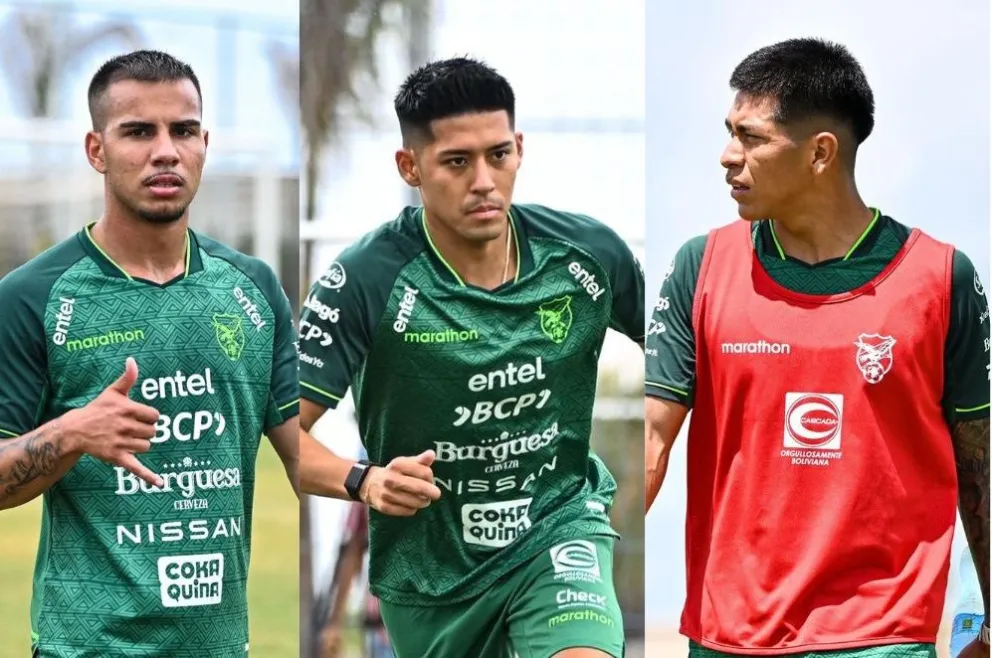 Matheus (izq.), Ramiro Vaca y Ervin Vaca, con la Selección en Santa Cruz. Fotos: FBF.